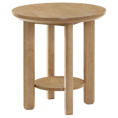 Clera Round Side End Table With Open Shelf, Light Oak Wood 22Inch