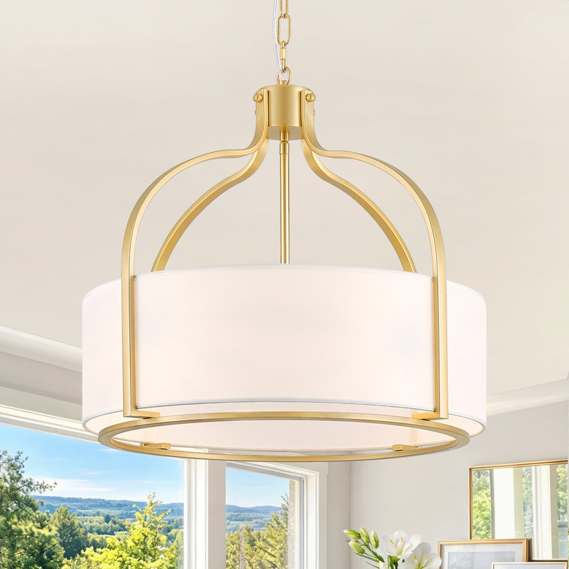 Lustre de style campagnard 5 lumières avec abat-jour en tissu blanc pour cuisine, salon, chambre à coucher, vestibule, Gold