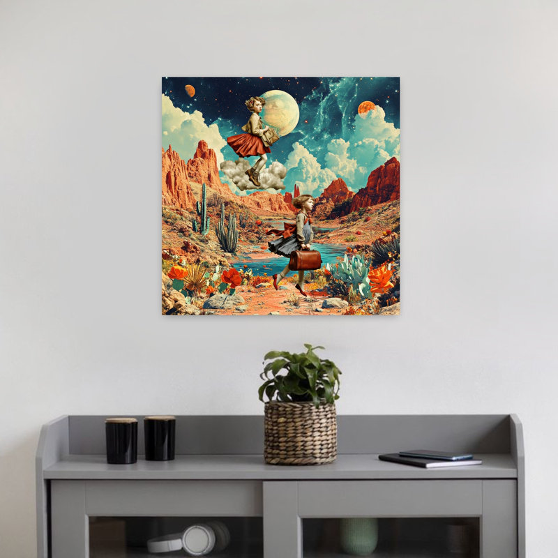 «Dreamy Desert Adventure», art mural de paysage de cheval de cactus rétro coloré