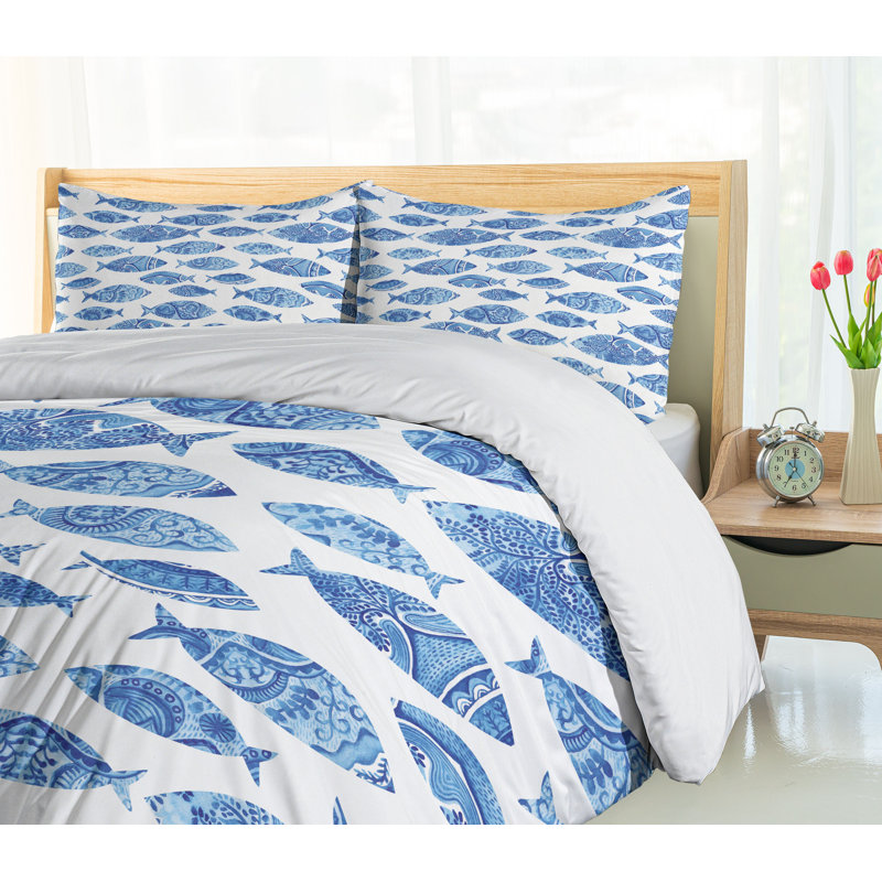 King Size Blue Ocean Fish Pattern Microfiber Duvet Set
