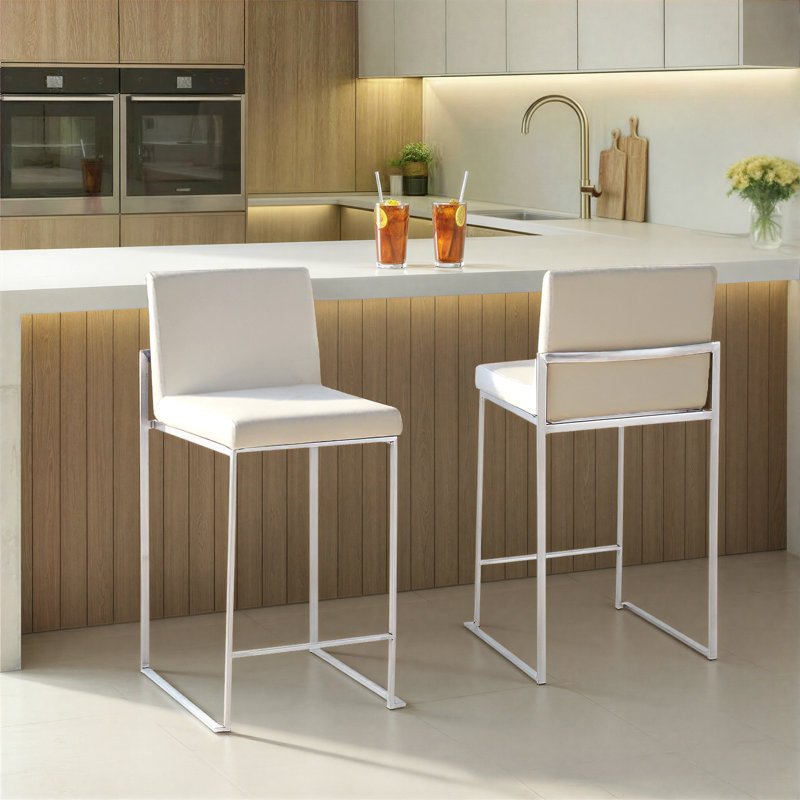 Tabouret de bar et de comptoir à dossier haut Ernestine, Tabouret de comptoir (siège d'une hauteur de 26 p, Simili cuir blanc