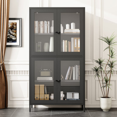 4 Glass Door Metal Cabinet For Shoe Storage - Black With Doors And Adjustable Shelves Hallway