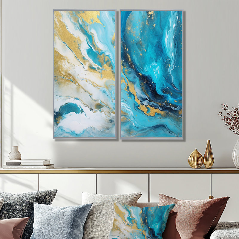 Turquoise doré infusé marbre III - art mural moderne 2 panneaux, H 32 po x l 32 po, Impression encadrée flottante