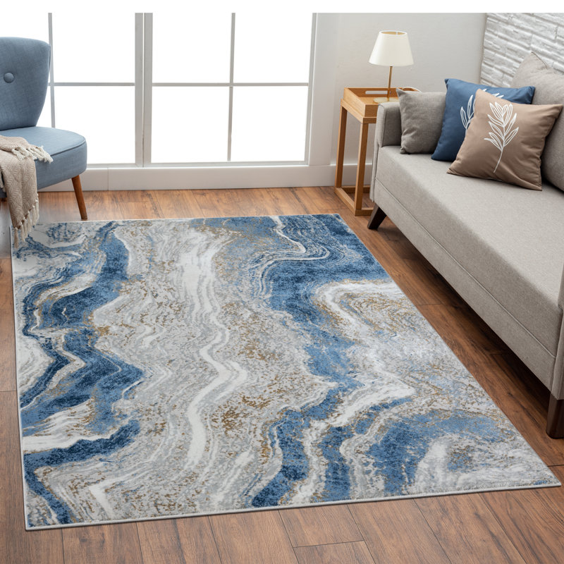 Tapis bleu / doré Marble, Rectangle 4 pi x 5 pi