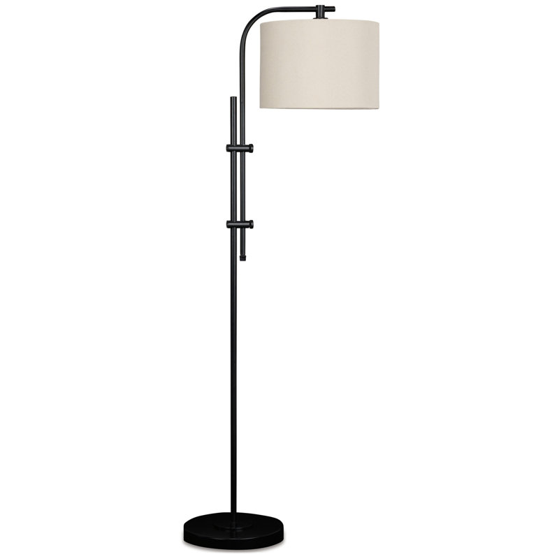 Lampe sur pied Mney, bras réglable, abat-jour tambour blanc, métal noir de 60 po