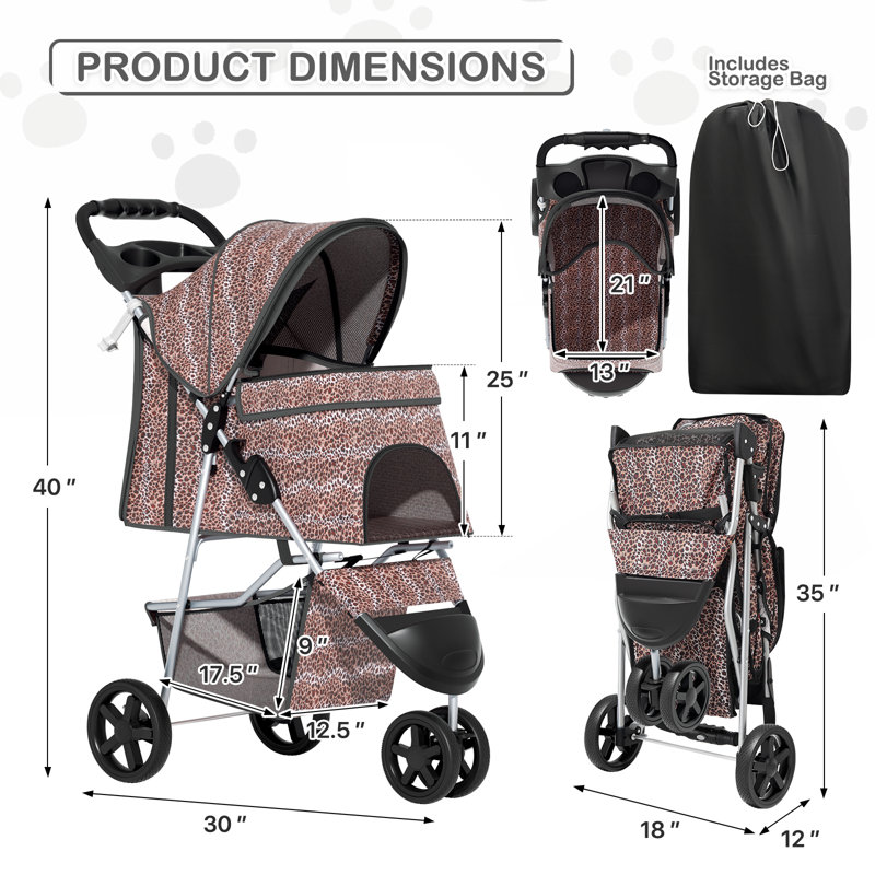 Foldable Pet Stroller, 3 Wheels Folding Carrier Jogger Stroller for Dogs Cats with Canopy and DIY Stickers, Brown/Leopard