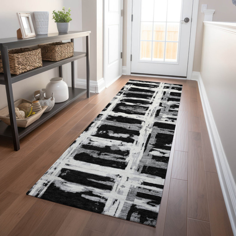 Premium Machine Washable Prisco Black Rug, Runner 2'3" x 7'6"