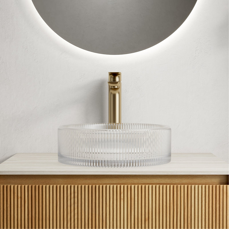 Transparent 13.85 - Inch Crystal Glass Round Bathroom Sink, No Faucet, Artistic Look, Fits Different Patterns, Fresh Feeling And Easy To Clean, 4.46 Height, Faucet 9' 14 Glass, Stripes, Suitable For