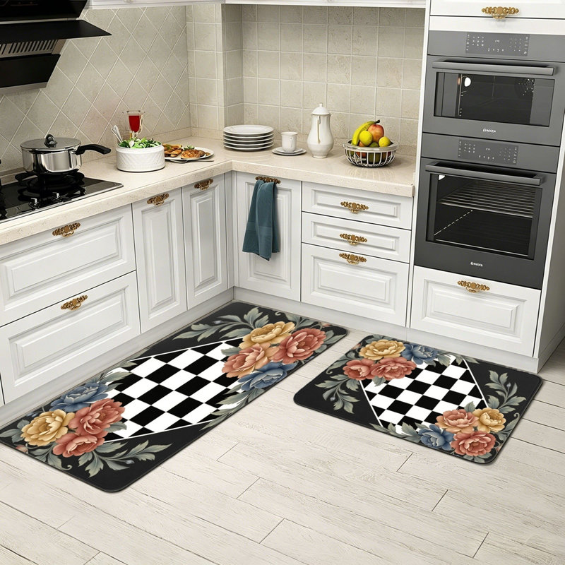 Black White Checkerboard Floral 2 PC Kitchen Floor Rugs, Farmhouse Kitchen