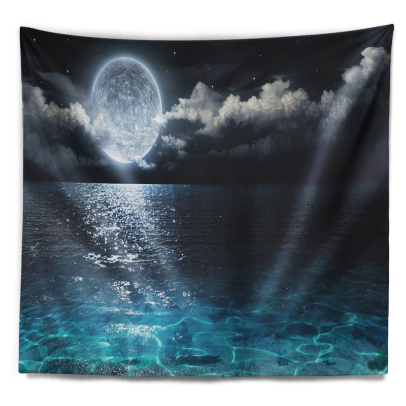 Tapisserie pleine lune sur mer seascape romantique, H 50 po x l 60 po