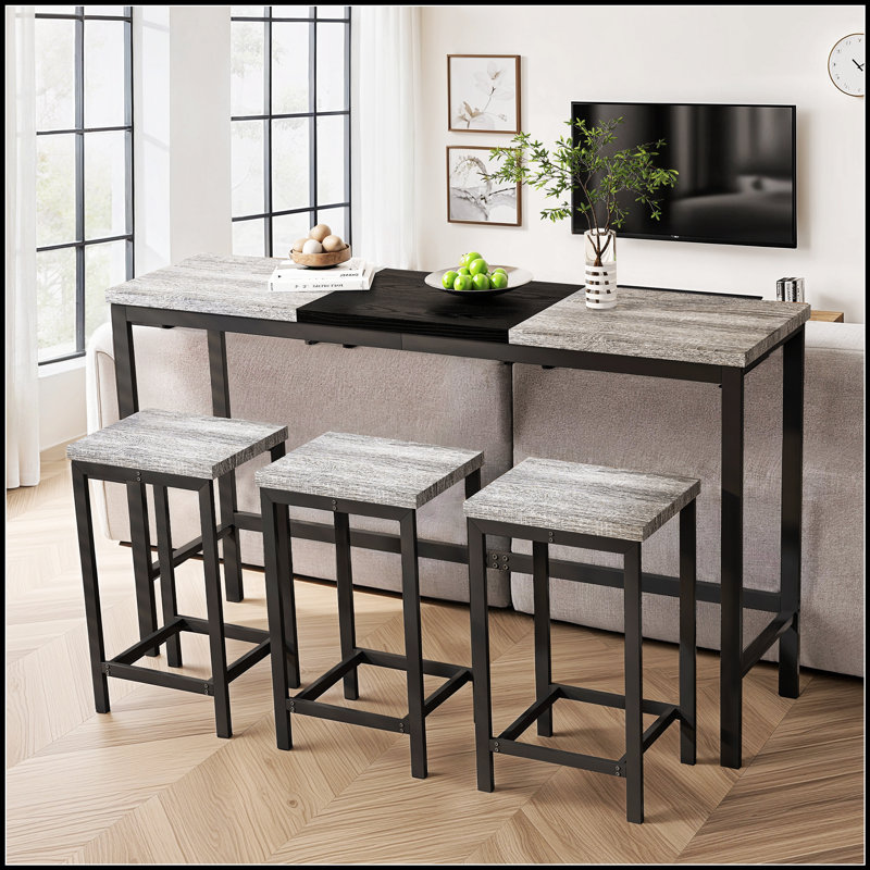 Ensemble de table de salle à manger de cuisine moderne avec 3 tabourets, plateau de table épissure unique et tabouret suspendu pratique