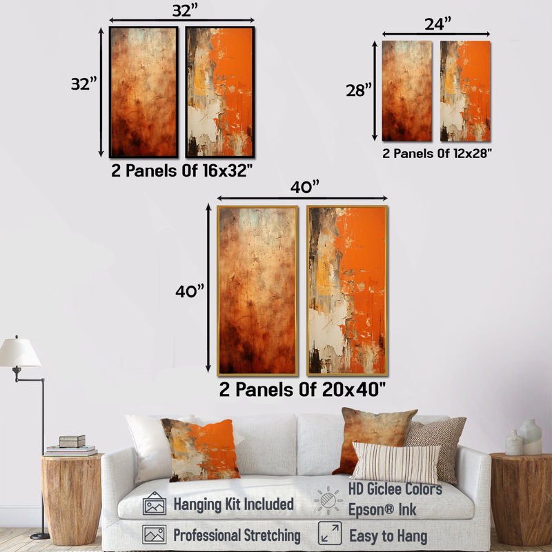 Orange abstrait Chaos de feu Art I - ensemble de 2 décorations murales peinture abstraite, H 28 po x l 25 po, Toile tendue