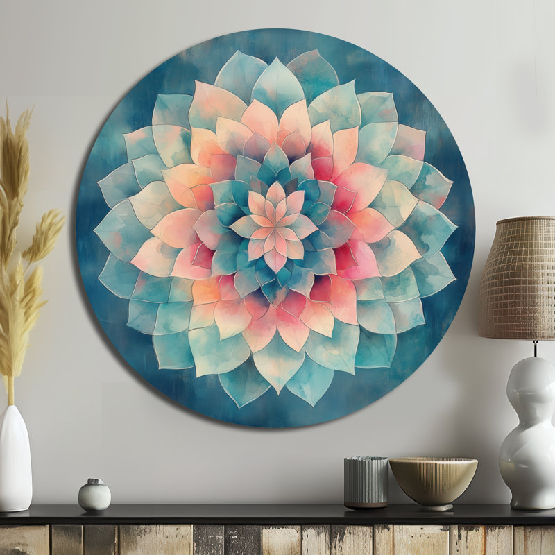 Mandala géométrique dans des tons pastel délavés - Décoration murale géométrique ronde en métal, L 16 po x H 16 po
