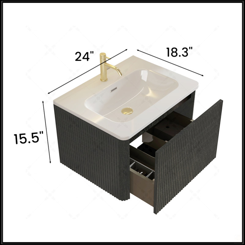Meuble-lavabo flottant rayé noir et brossé Etna de 24 pouces avec lavabo intégré en céramique, design moderne et élégant, 24"