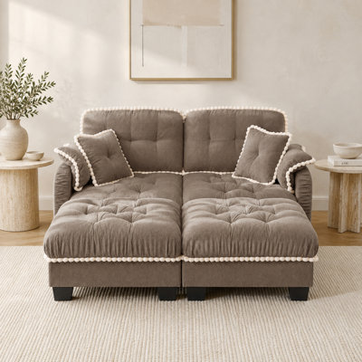 Casselman 2-Seater Chenille U-Shaped Loveseat with 2 Movable Ottomans, Quilted Tufting, Pom-Pom Trim and 4 Pillows