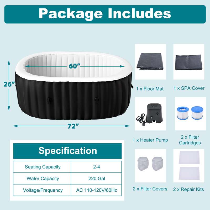 CQYG Hot Tub, Portable Inflatable Hot Tub, 2-6 Person Outdoor Spa with Bubble Jets and Heater Pump, Filter, 2 Person