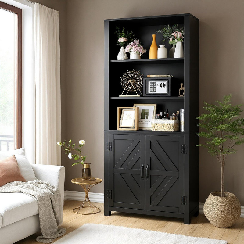 Ilus 71" H x 27" W Modern Storage Bookcase Black Bookshelf Display with Cabinet & 5 Shelves for Home Decor, Black