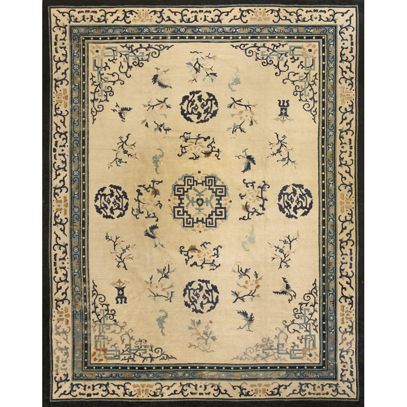 1890s Ivory Beige Cream White Rectangle Hand Knotted Pile Wool Antique Rug