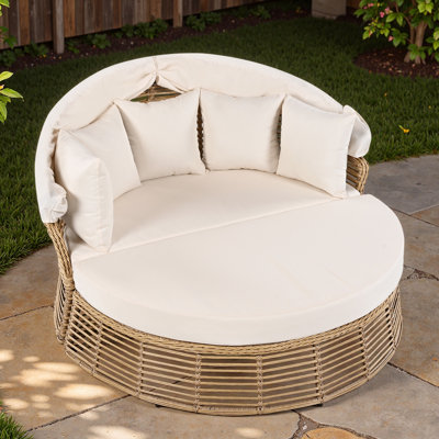Outdoor Patio Rattan Round Daybed With Retractable Canopy, Removable Cushions And Adjustable Feet