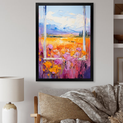 Rose et jaune, fenêtres florales, vue brise II - prairie, art mural