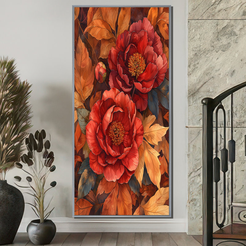 Pivoines rouges parmi les feuilles d'automne II - pivoines, art mural, H 60 po x l 28 po, Reproduction avec cadre flottant