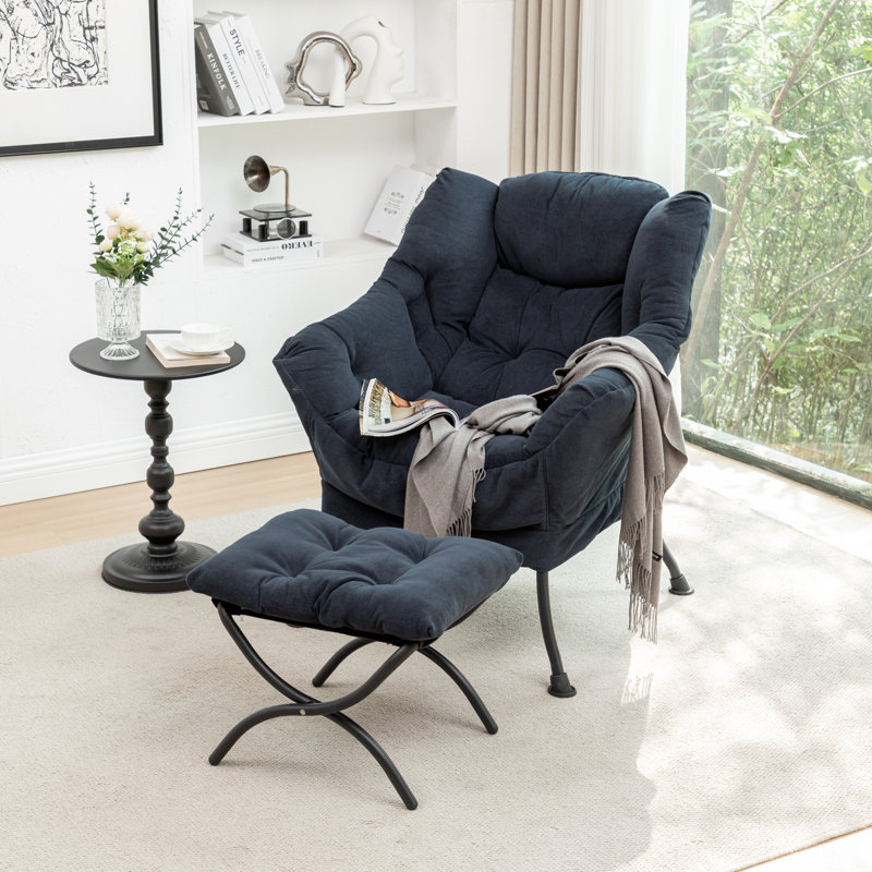 Upholstered Lazy Chair with Ottoman,Modern Comfy Lounge Sofa Chair with Armrest and a Side Pocket, Navy Fabric