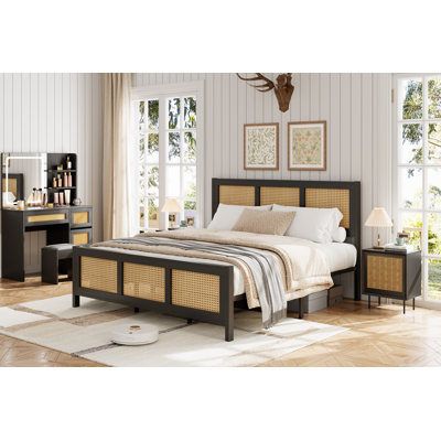 Matelas / Base de lit Très grand lit plateforme en rotin Boho avec tête et pied de lit en rotin, support de lattes en métal robuste, aucun sommier nécessaire, dégagement sous le lit sans bruit, noir