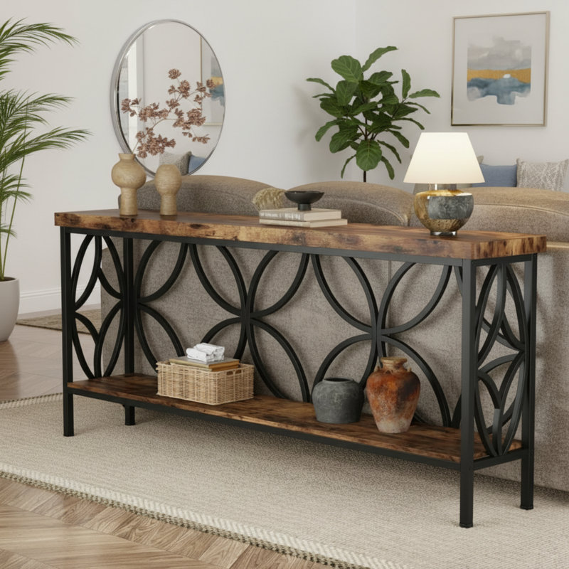 This Industrial-Style Retro Brown Narrow Table Features Built-In Storage And Can Be Used Behind A Sofa Or In The Entryway, Making It Suitable For Living Rooms, Entrances, And Foyer Spaces.