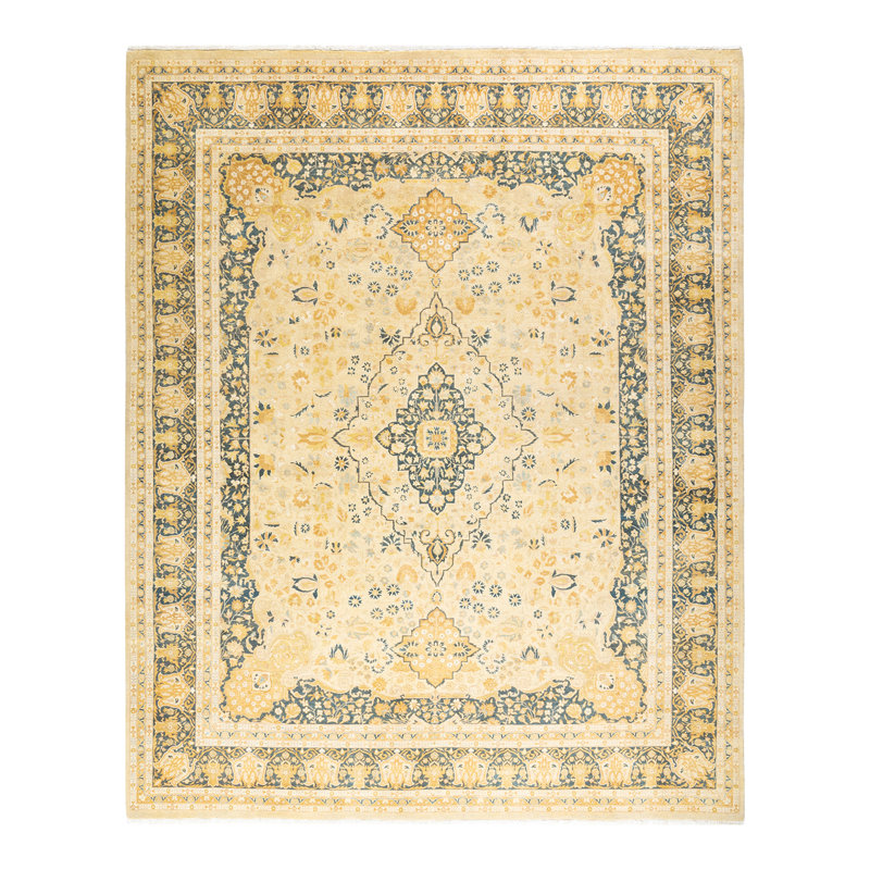 Tapis ivoire traditionnel noué à la main de conception unique 8 pi 1 po x 9 pi 10 po Keller