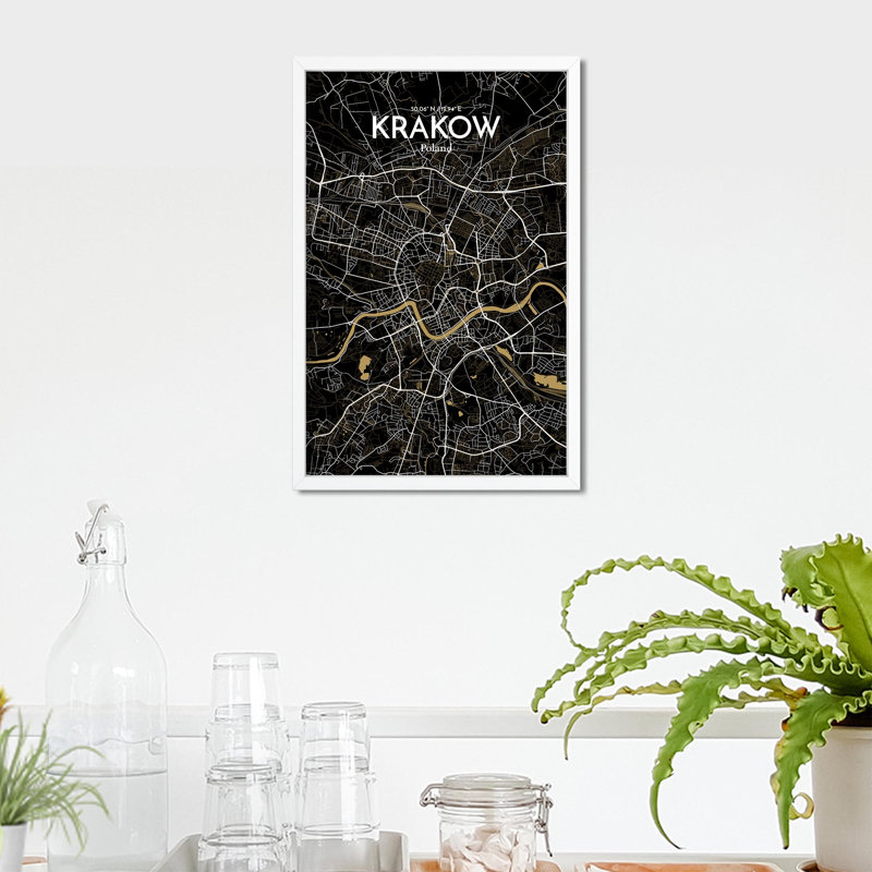 «Krakow City Map», impression de luxe, Noir et or, H 17 po x l 11 po