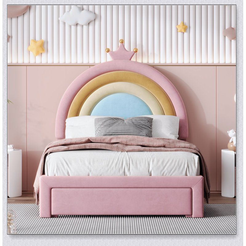 Lit simple tapissier en velours arc-en-ciel avec tiroir de rangement, aucun sommier nécessaire, idéal pour les chambres de princesse