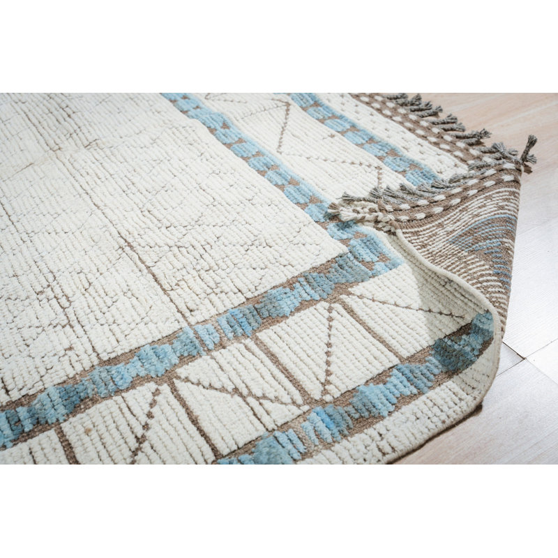 Ivory Hand-Knotted Wool Framed Diamond Field Geometric Modern Contemporary Carpet Rug, 6' X 9'