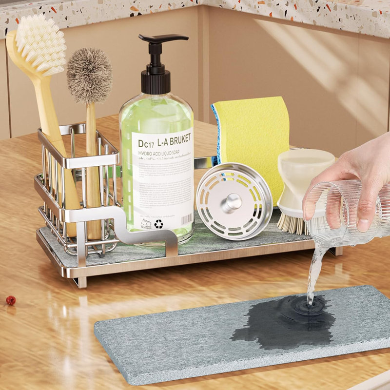 Serviteur de cuisine en acier inoxydable avec plateau absorbant en diatomite et porte-brosse, Argent argent