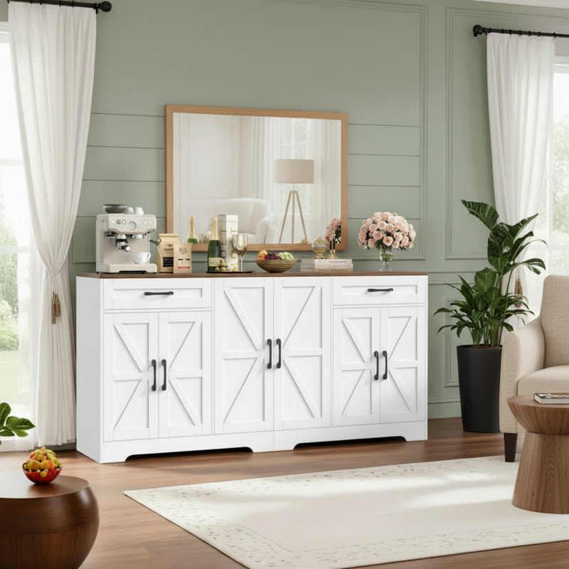 Buffet blanc à six portes de style campagnard avec deux tablettes réglables.
