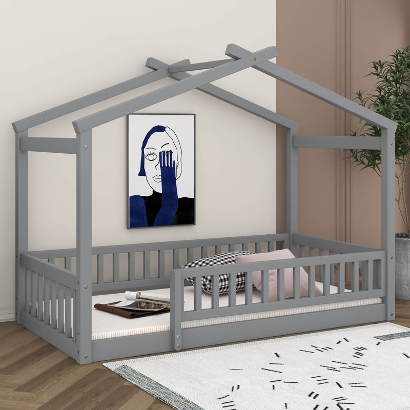 Twin Size Wooden House Bed With Fence, Wood Bed Frame With Roof And Safety Guardrail For Kids, Teens, Boys Or Girls, Gray