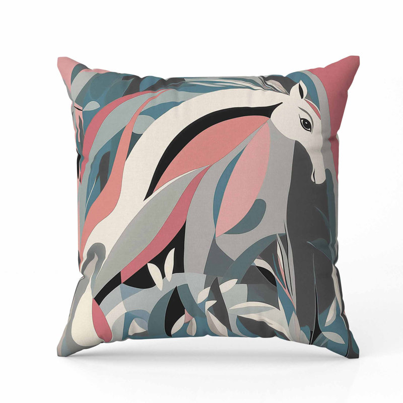 Coussin Mythical Horse, Bleu / rose / gris, Carré 26 po