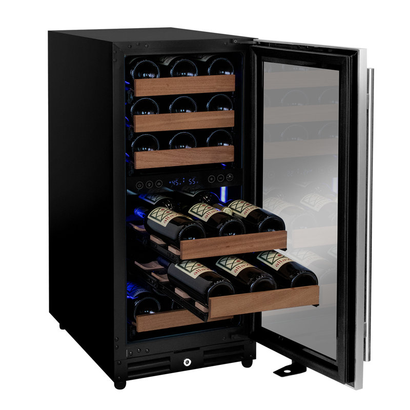 Allavino 15" Wide Reserva Series 30 Bottle Dual Zone Stainless Steel Right Hinge Wine Refrigerator, Left Handed