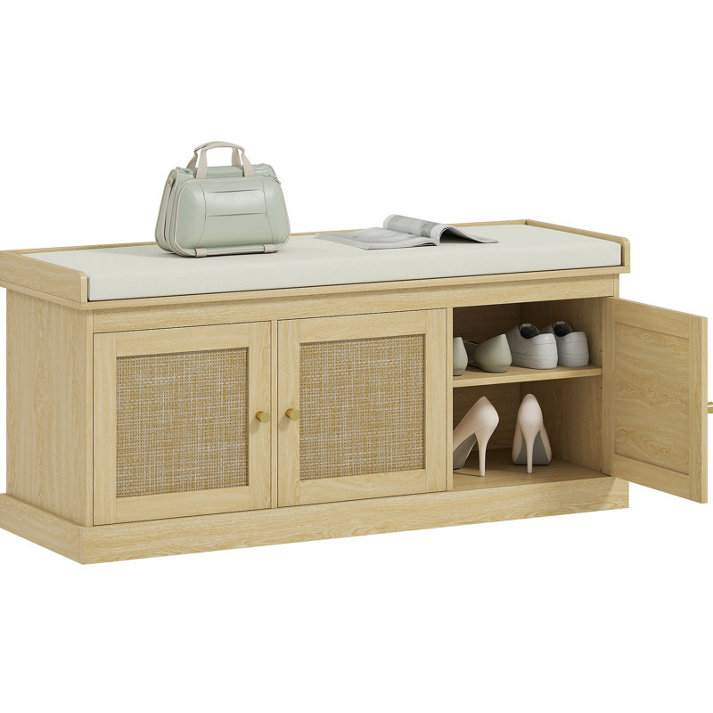 Banc de rangement pour chaussures avec rotin tissé, banc pour chaussures avec coussin, tablettes réglables, banc d'entrée pour chambre à coucher, salon