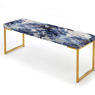 Cobalt Toile Victorian Pattern - Floral Upholstered Gold Bench