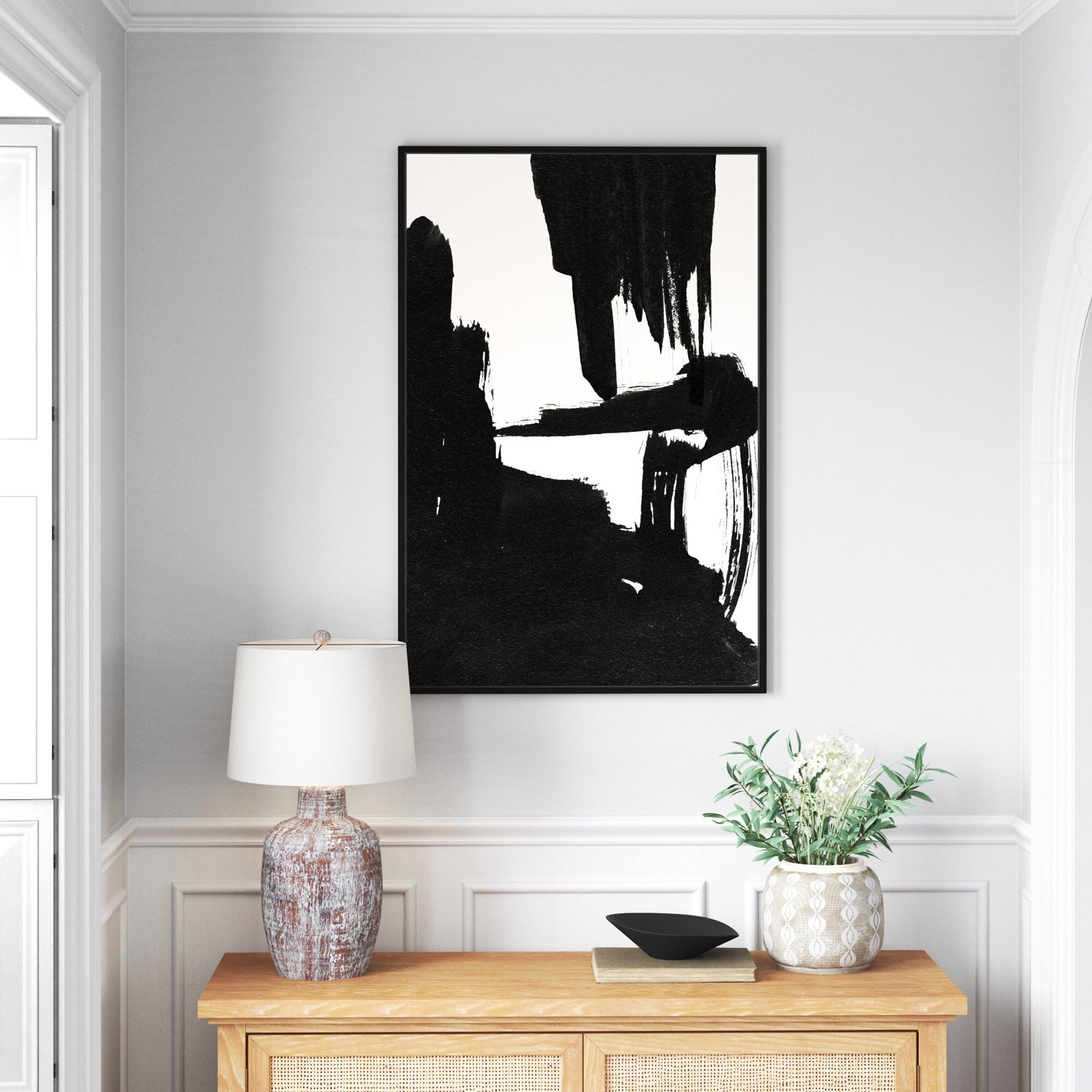 Abstract Black and White Brush Stroke Print, Black, 46" H x 31" W