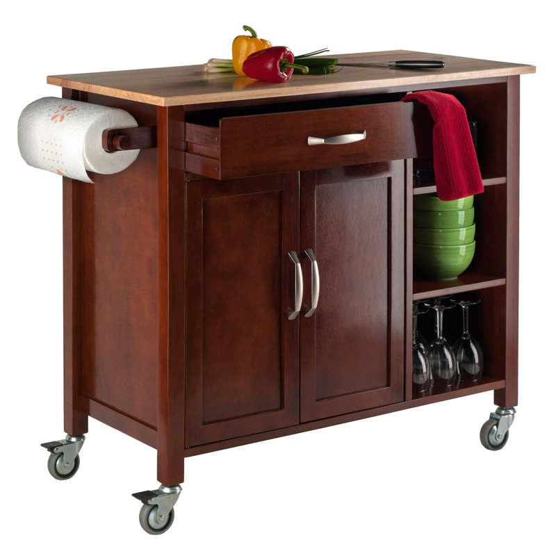 Mabel Walnut and Natural Wood Kitchen Cart with Storage
