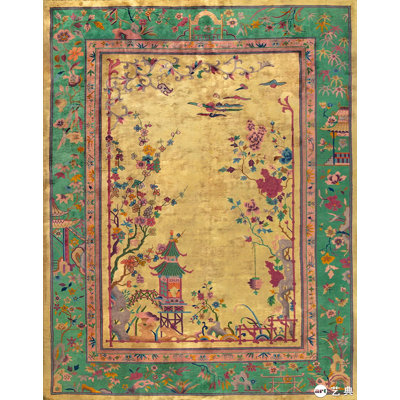 Scenic Antique Yellow Open Field Room Size Chinese Art Deco Wool Rug
