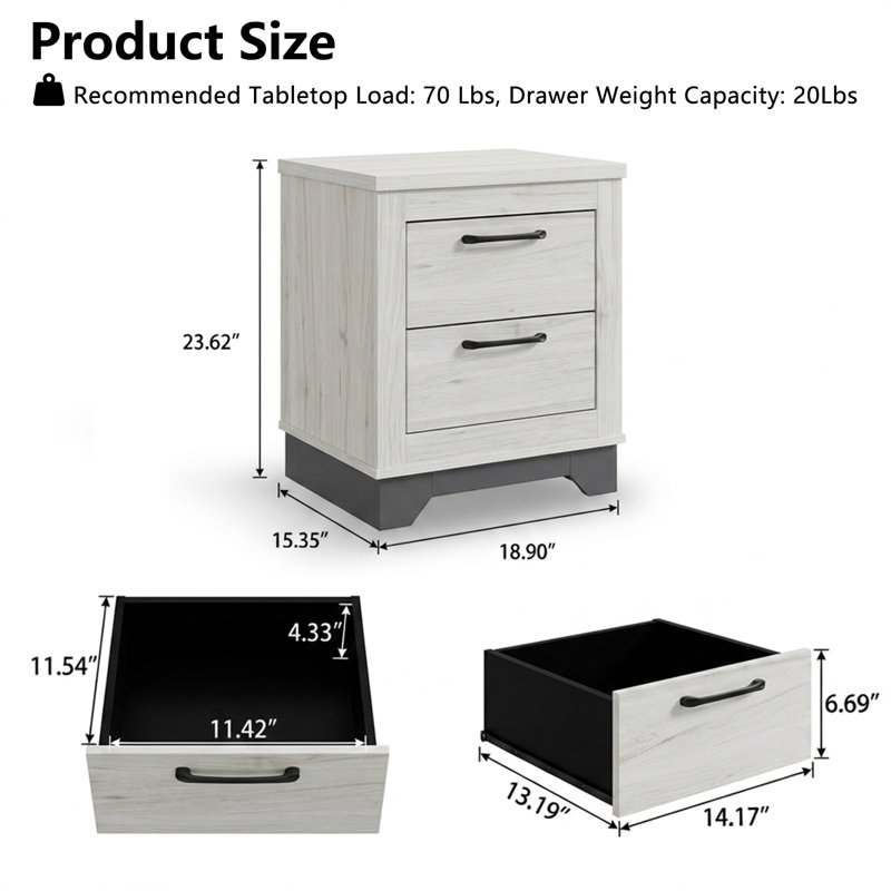 23.62" Modern White Nightstand With 2-Drawer 