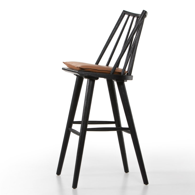 Lewis Windsor Solid Wood Stool, Bar Stool (29" Seat Height), Sandy Oak, Brown/Sheepskin