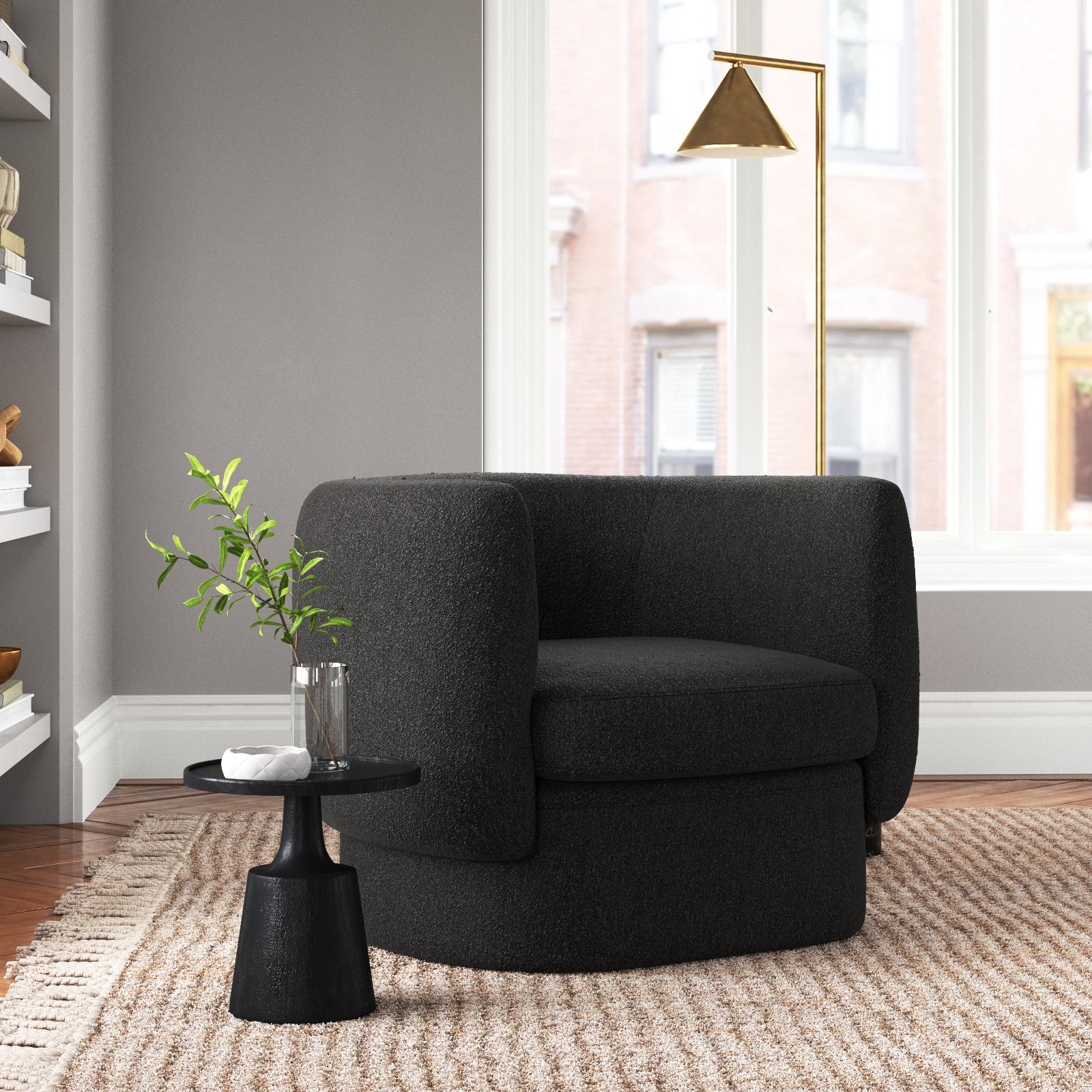 Atla Upholstered Barrel Chair, Maya Black Boucle