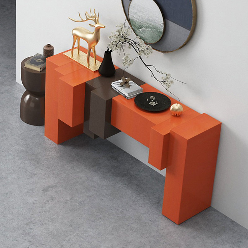 Modern Minimalist Art Design Console Table, 35.43" H x 62.99" W x 15.75" D, Orange/Dark Brown Wood