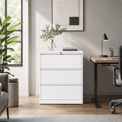 White 3-Drawer Metal Lateral File Cabinet with Lock & Anti-Tip Interlock, 35" Steel — White