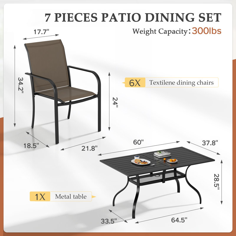 Behrens 6-Person Patio Dining Set with Rectangular Metal Dining Table and Stackable Textilene Armrest Chairs (Black), Brown