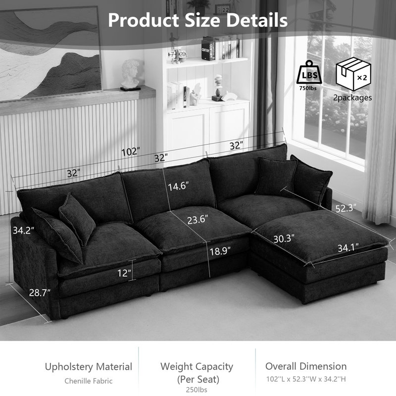 102" L-Shaped Modular Sectional Sofa with Movable Ottoman, 3-Seater Cloud Couch with Chenille Fabric & High-Resiliency Foam, DIY Combination, Easy Assembly Required