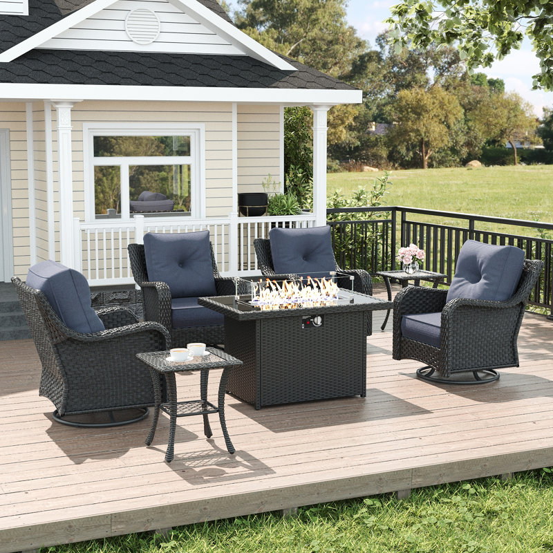  7 Piece Wicker Outdoor Furniture Set with 6-inch Comfy Cushions, High Back Patio Furniture Set with Swivel Rocking Chairs and Fire Pit Table